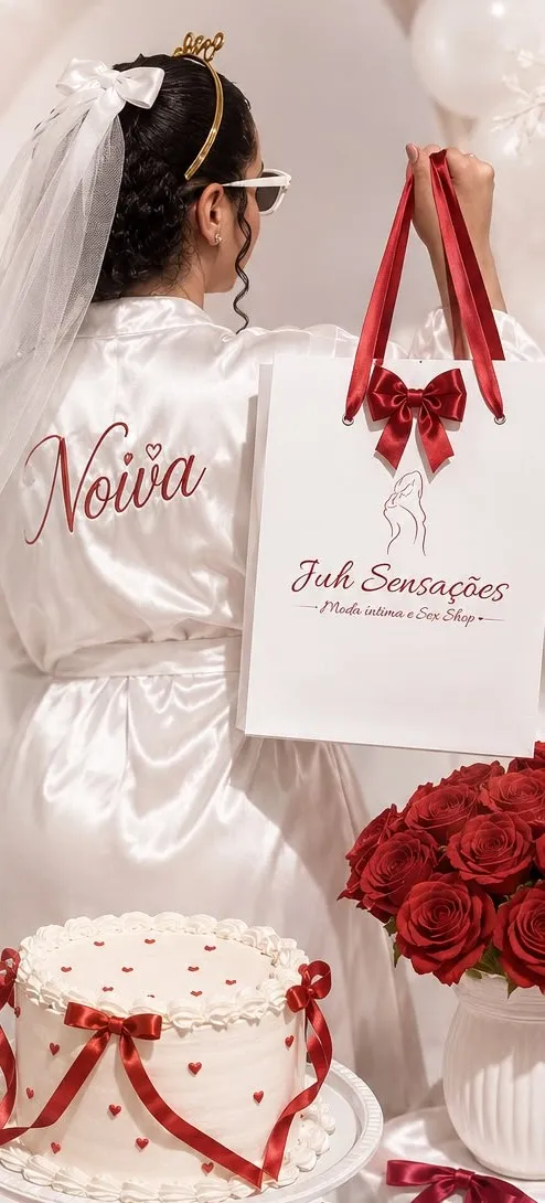 Noiva de costas, com robe branco bordado com a palavra Noiva, segurando uma sacola da Juh Sensações, ao lado de um bolo branco e rosas vermelhas